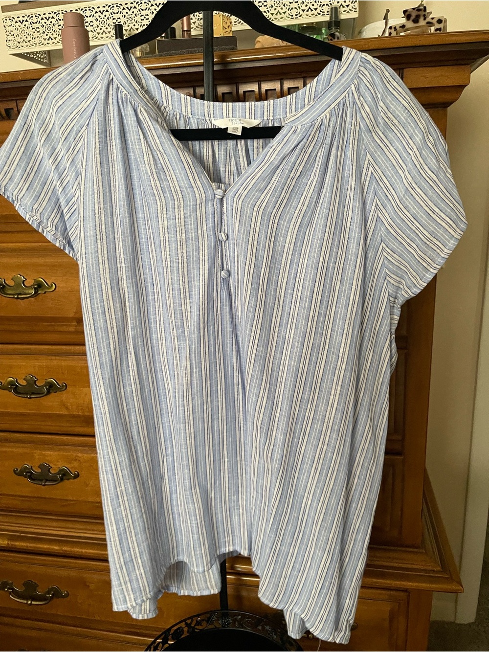 Time and Tru Light Blue and White Striped Short-Sleeve Blouse